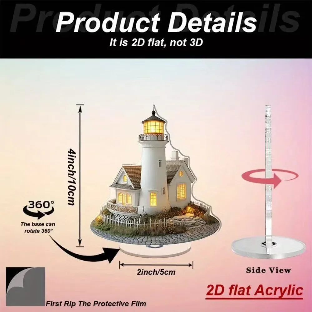 2D Acrylic Lighthouse & Coastal House Desktop Model w Rotating Base